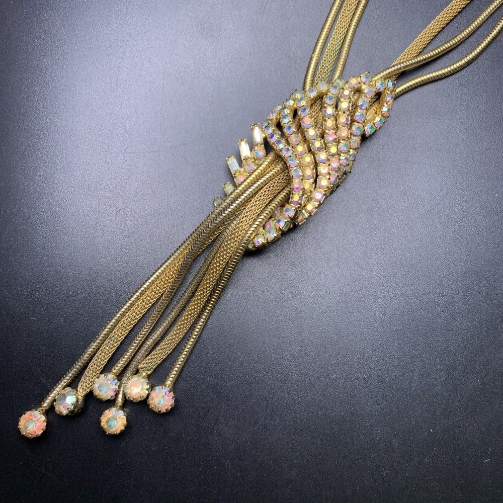 Long Aurora Borealis Rhinestone Tassel Necklace Mesh Snake Chains AB Vintage